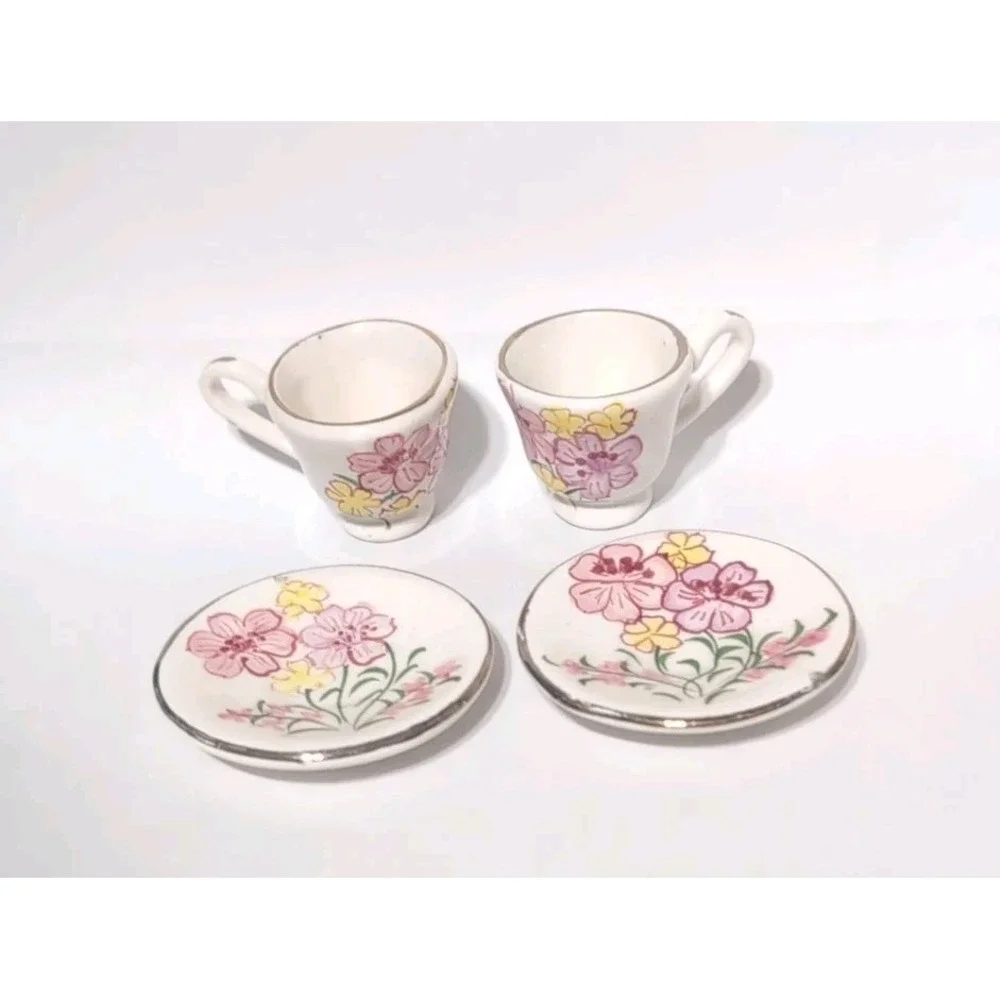 Dollhouse Set Of Miniature Ceramic Plates, Teapot, Cups, & Cream Vintage Flowers